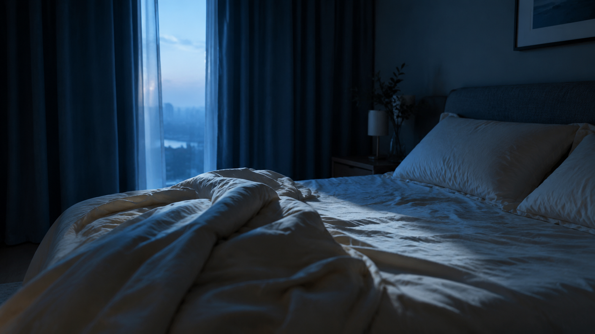 A quiet bedroom at dawn, with the bedding pushed back and blue light through the curtains.