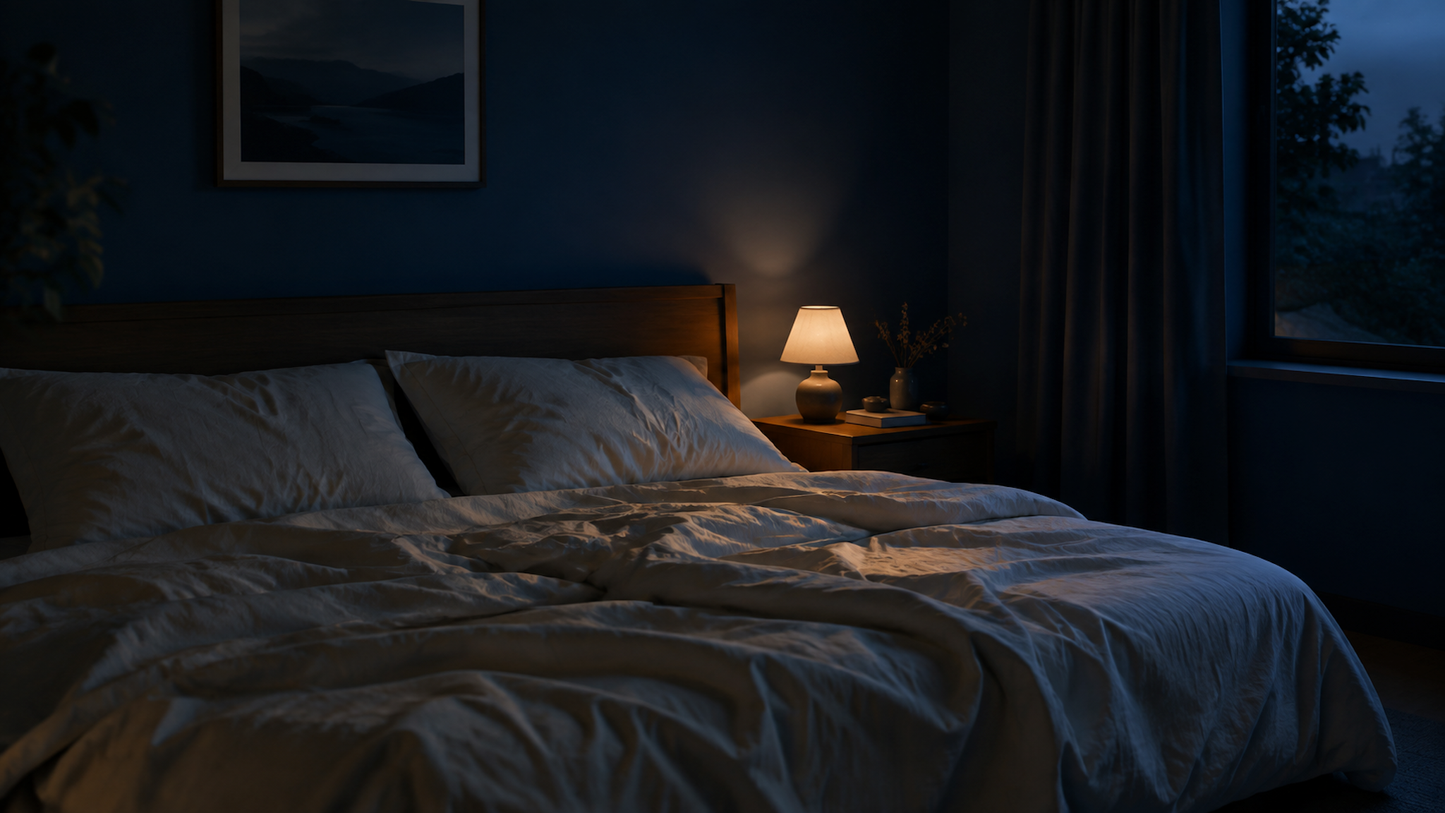 An empty bed at night with one low lamp on the nightstand.