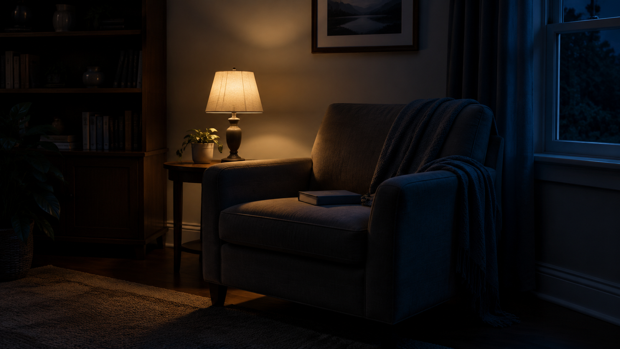 A dim chair with one lamp and a closed book.