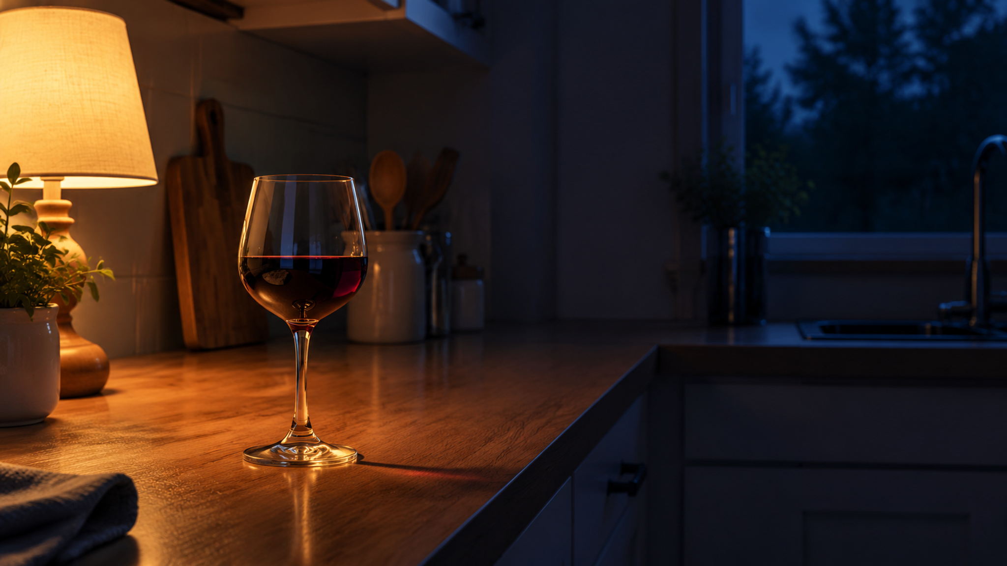 One glass of wine on a kitchen counter under a single lamp.