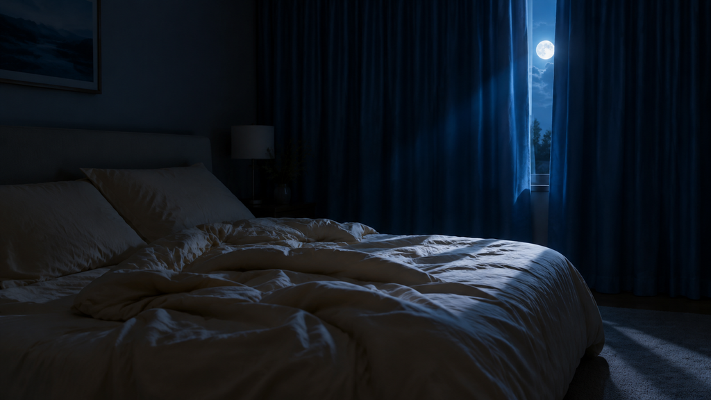 An empty bed later at night, with moonlight through a gap in the curtains.