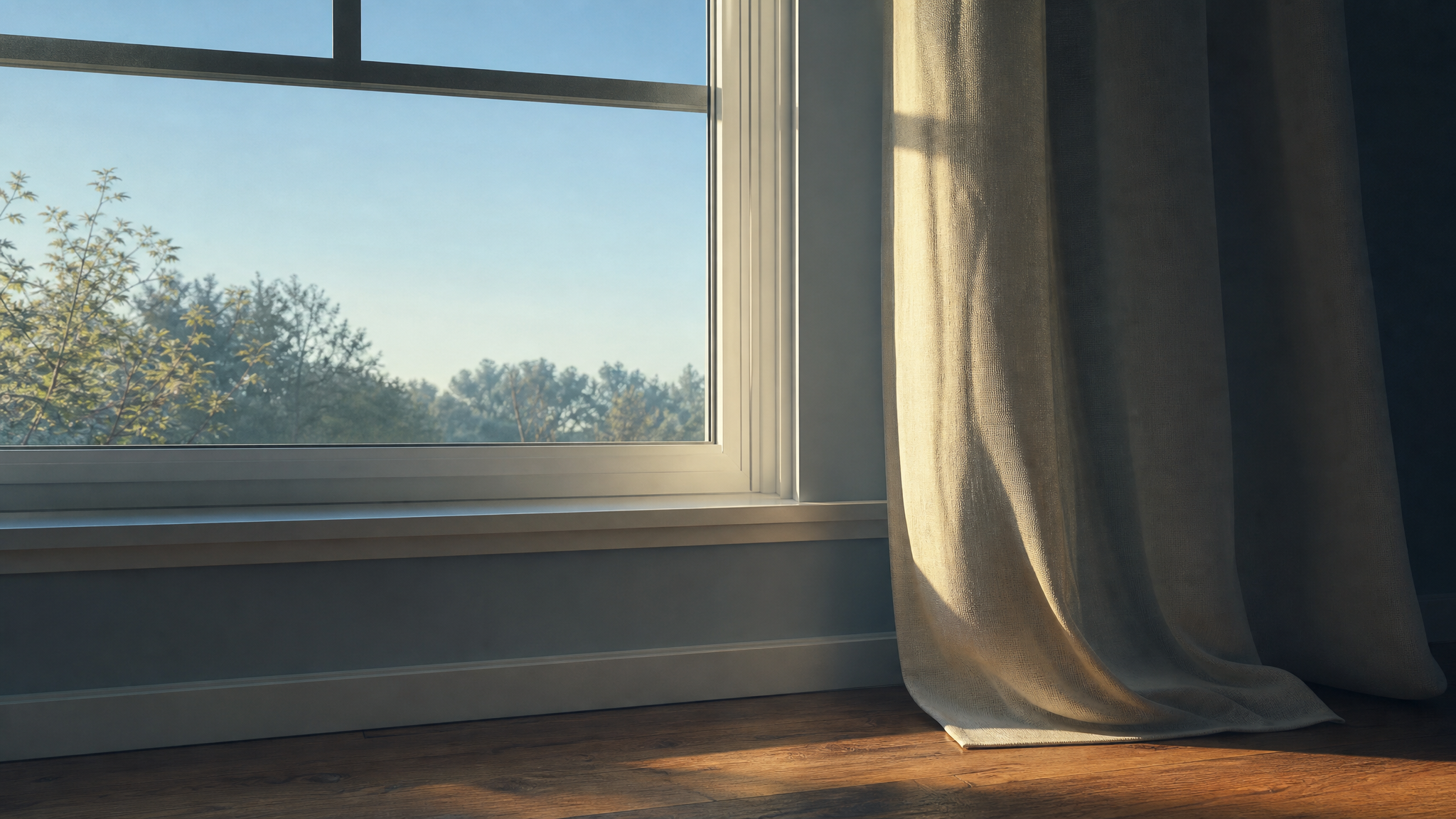 Morning daylight across a wood floor and a cream curtain.