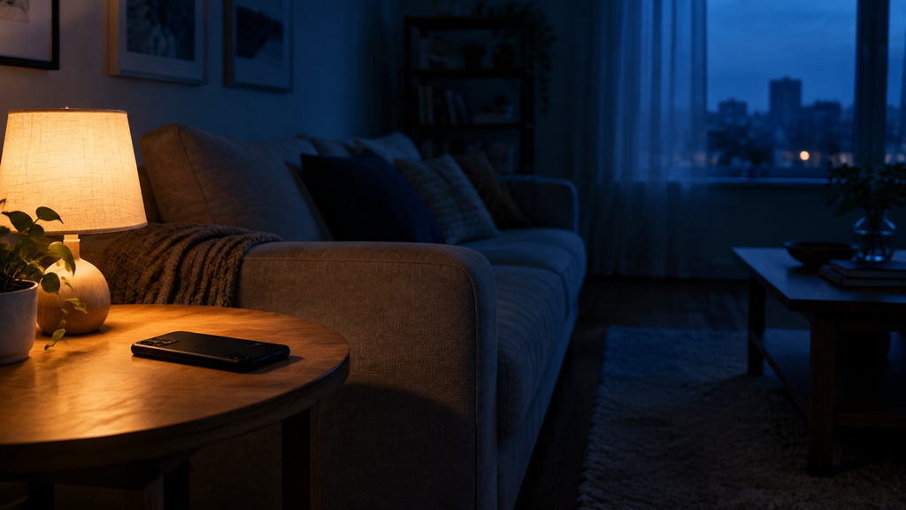 A dim evening room with one lamp and a phone face-down.