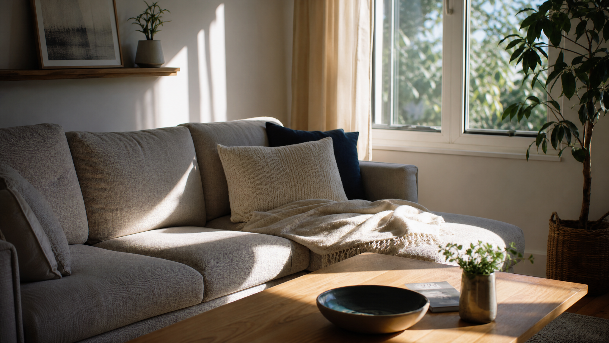 A sunlit couch in the early afternoon.