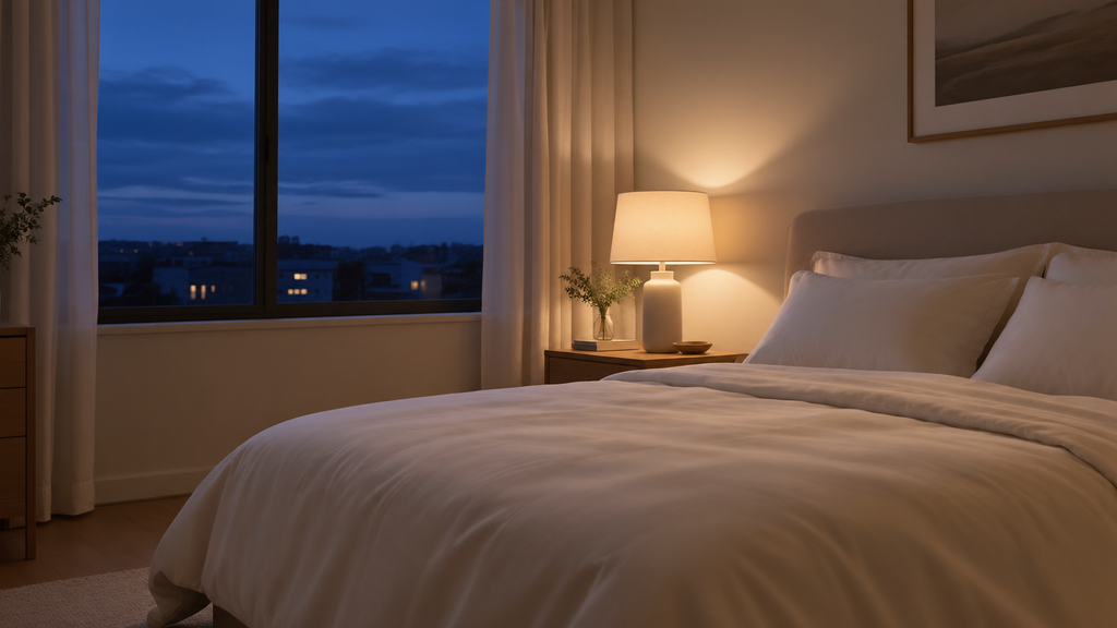 A made bed at night with the lamp still on.
