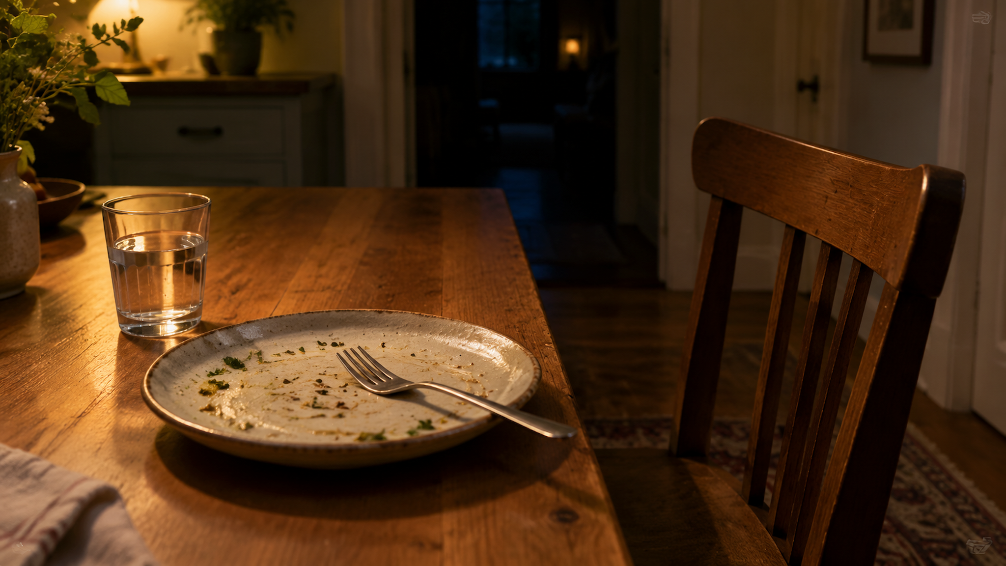 A cleared dinner plate and a glass of water.