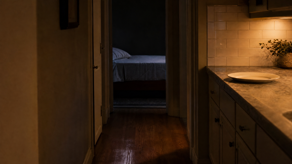 A dim kitchen counter with an empty plate, and a dark bedroom down the hall.