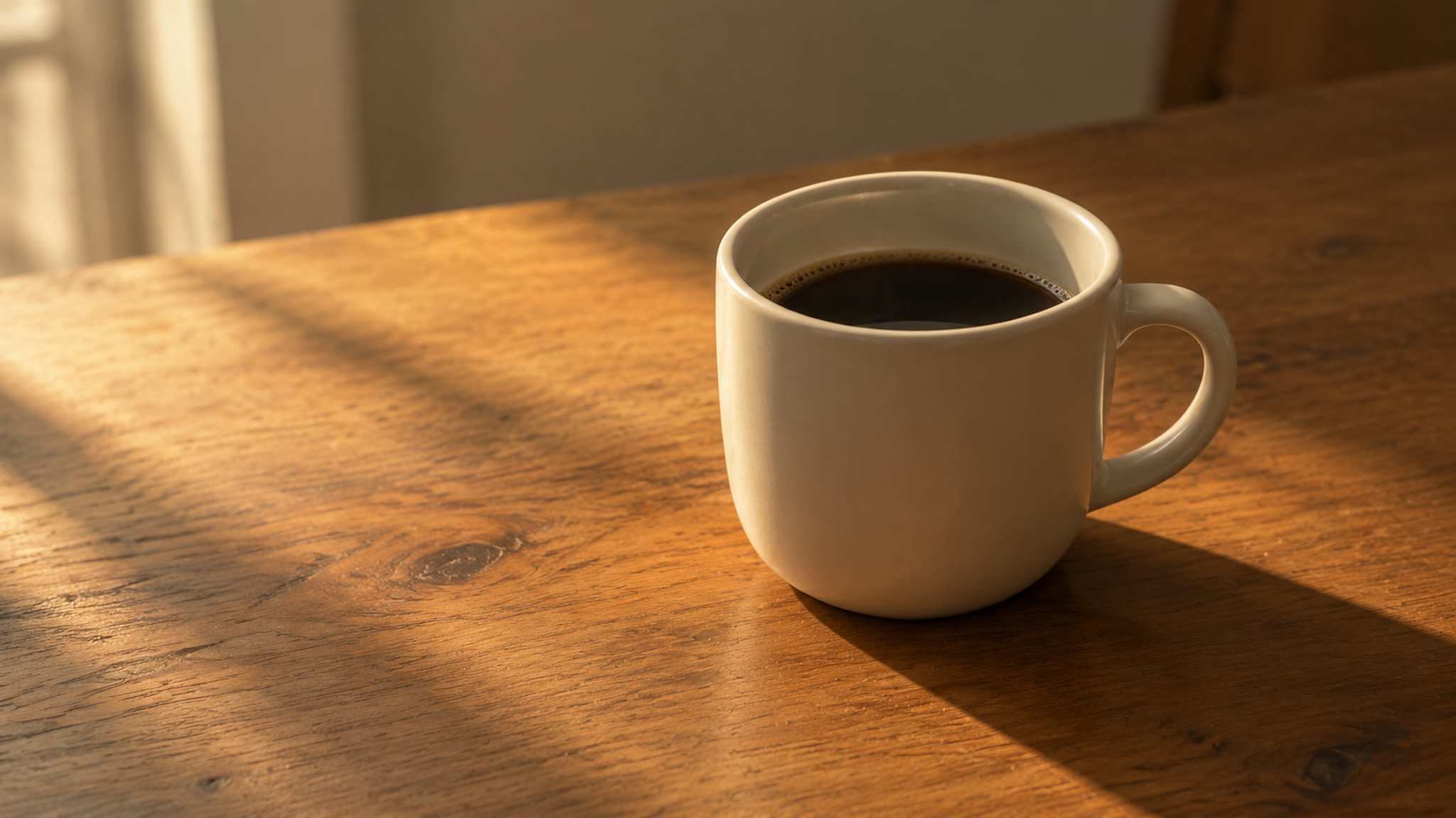 A white ceramic mug of black coffee on a wooden table in warm afternoon sunlight, casting a long soft shadow.