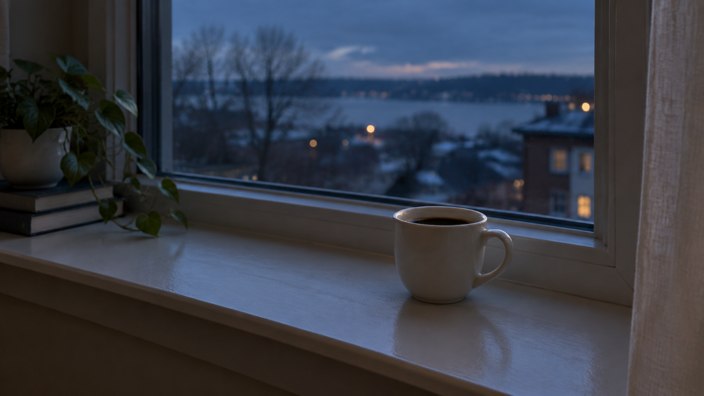 A white ceramic mug of black coffee on a white windowsill at dusk, beside stacked books and a small potted plant, looking out on water and distant lit windows under a dark blue sky.