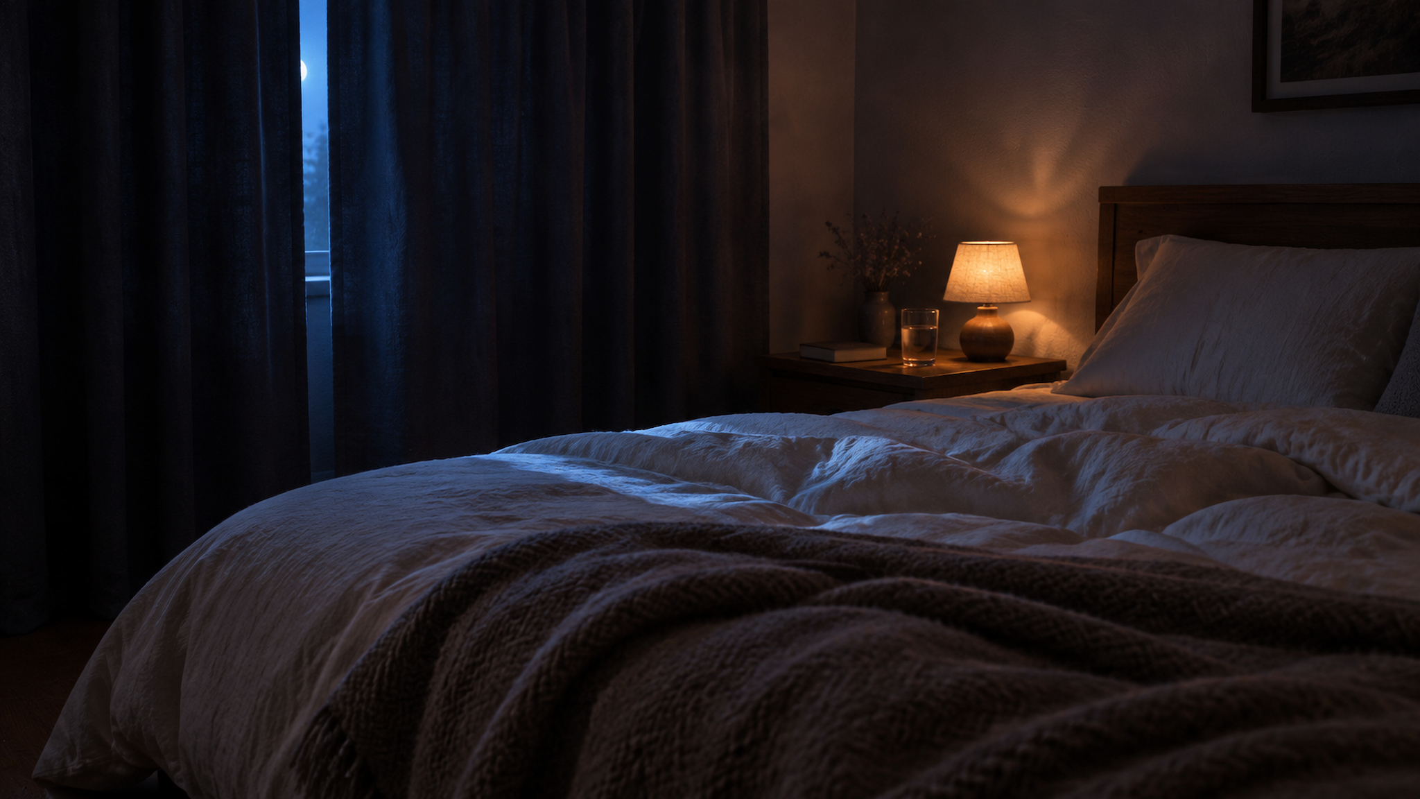 A quiet bedroom at night with rumpled cream bedding, a dim bedside lamp, and heavy curtains cracked for a sliver of moonlight.