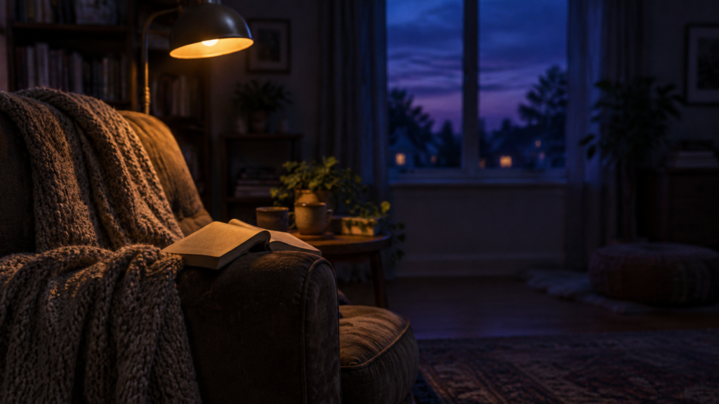 A reading chair in a dim living room at dusk, with an open book under a small warm lamp and a purple night sky in the window.