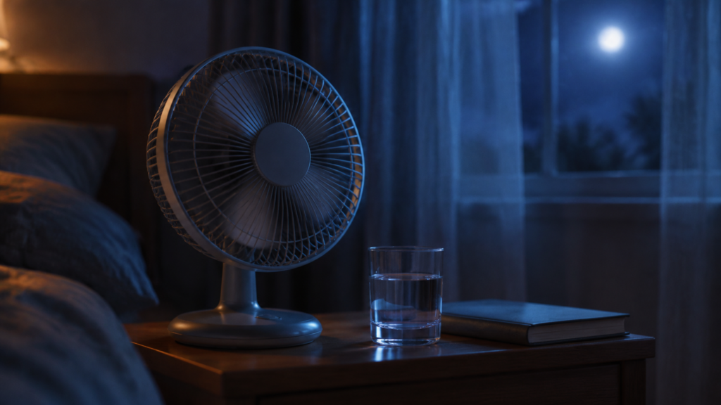 A small bedroom fan on a wooden nightstand beside a glass of water and a book, lit by cool blue moonlight from a curtained window.