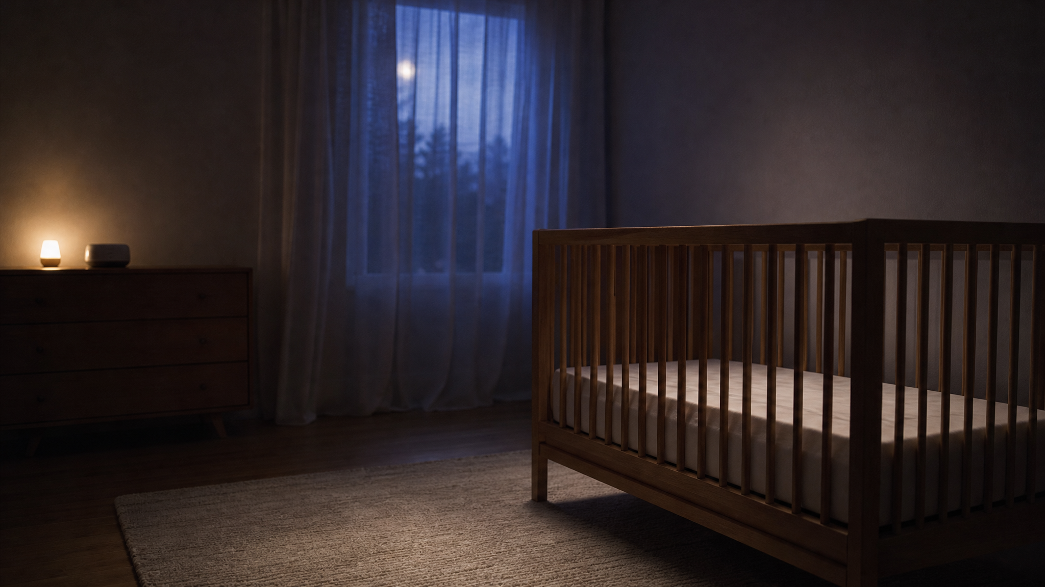 A dim nursery at night with an empty wooden crib holding only a fitted sheet, and a small sound machine and night light on a dresser across the room, lit by blue moonlight through sheer curtains.