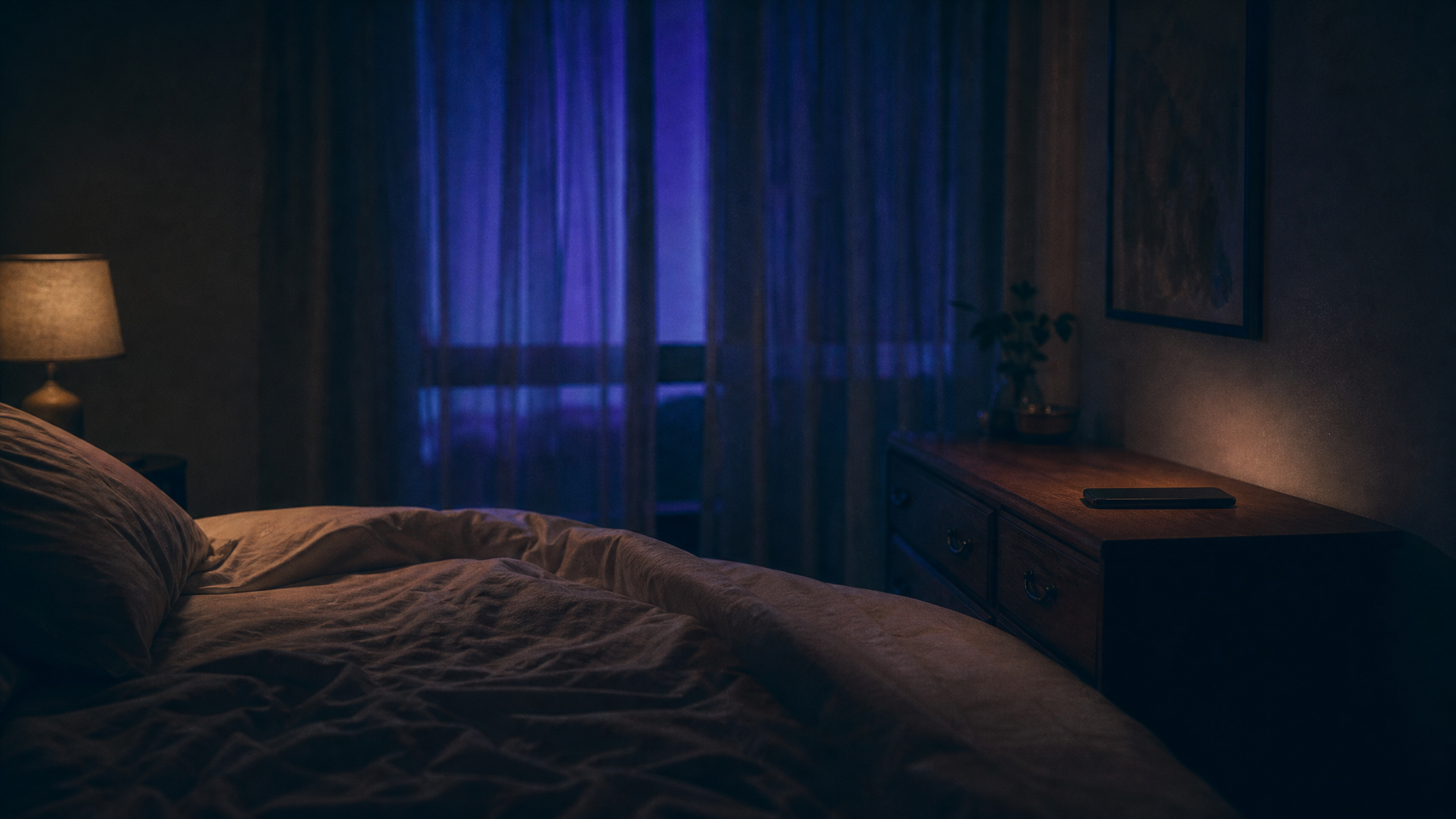 A dim bedroom at night with rumpled, empty bedding, a smartphone lying face down on a wooden dresser across the room, a low warm lamp, and blue-violet light through sheer curtains.