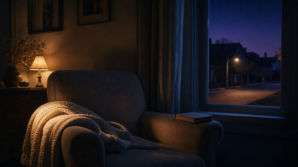 A quiet living room corner at night with an empty armchair, a cream knit blanket, a closed book on the armrest, a low warm lamp, and a window onto an empty street lit by one streetlight.