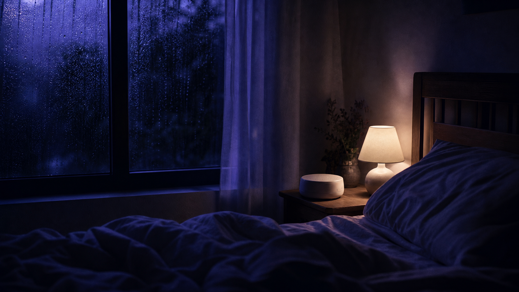 A dim bedroom at night with rain streaking a dark window, a small cream sound machine on a wooden nightstand beside a warm lamp, and rumpled bedding under blue-violet light.