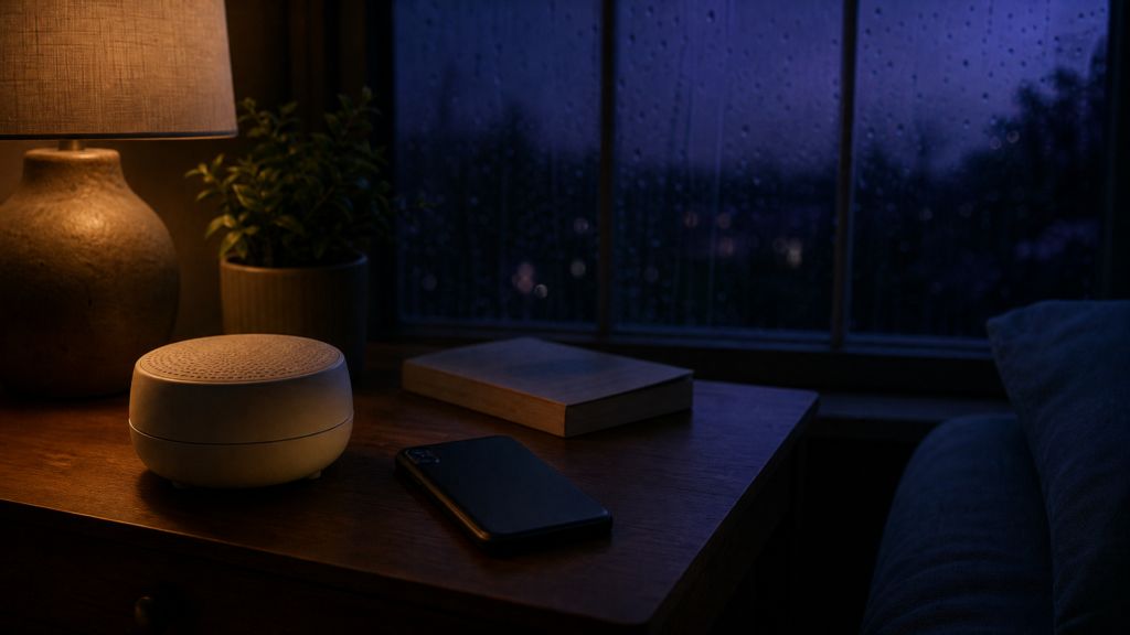 A small cream sound machine on a wooden bedside table beside a face-down phone and a closed book, with rain on a dark blue window and a warm lamp glowing at the edge.