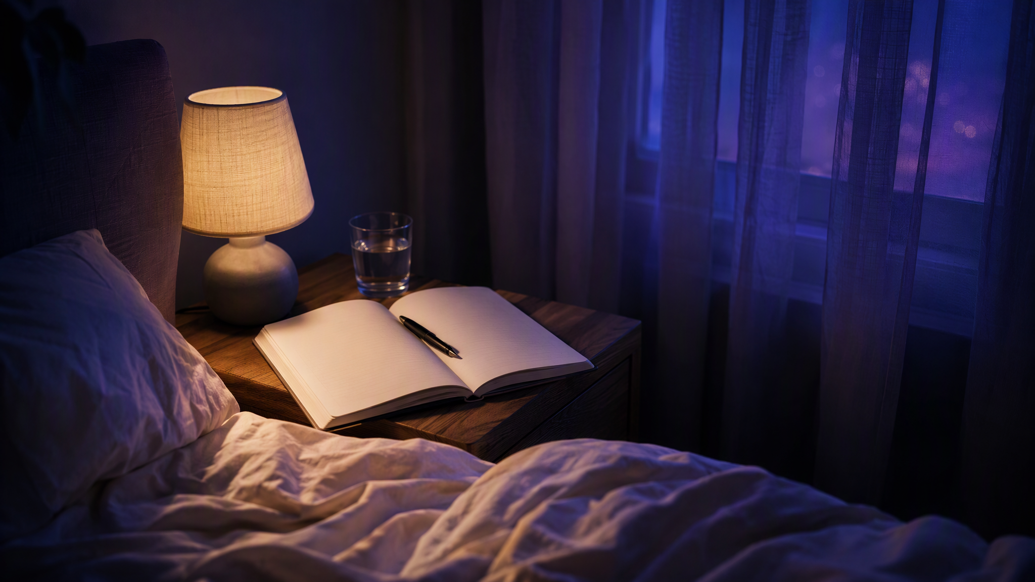 A dim bedroom at night with an open blank notebook and a pen on a wooden nightstand, a glass of water, a low cream lamp glowing warmly, and blue-violet light through sheer curtains beside rumpled bedding.