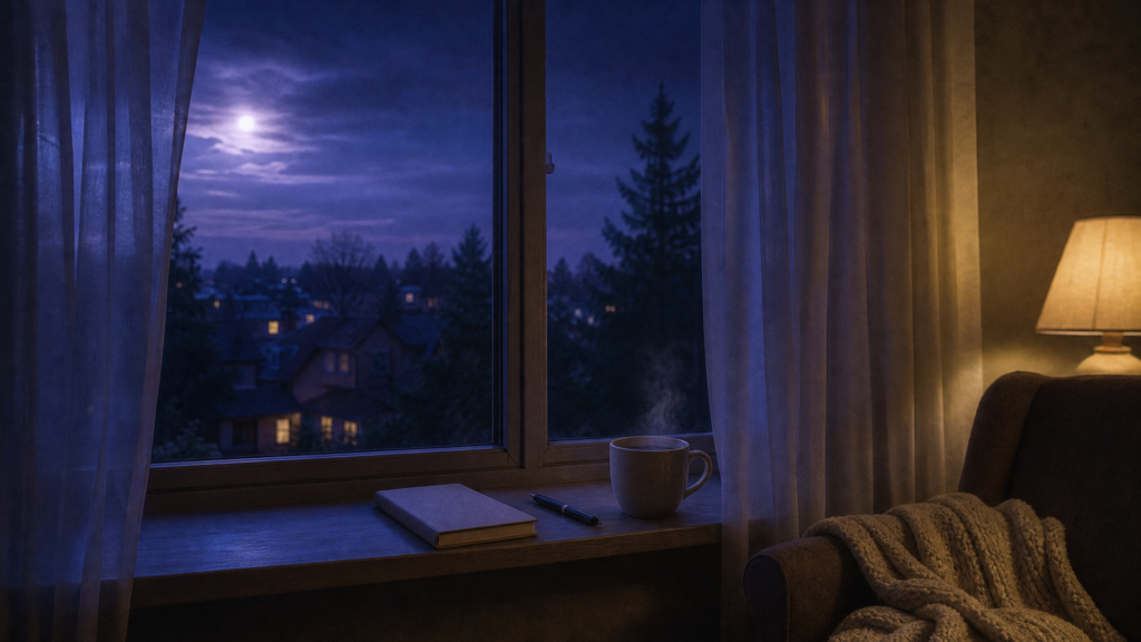 A window sill at night with a closed notebook, a pen, and a steaming mug, a cream knit blanket over an armchair, a warm lamp at the edge, and a moonlit blue-violet sky over quiet rooftops.