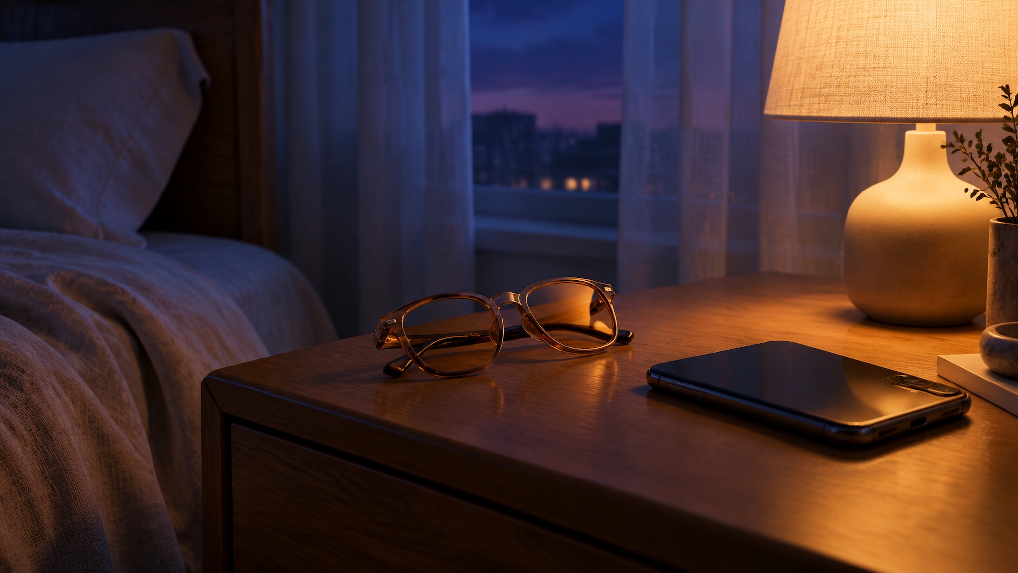 A wooden nightstand at night with a pair of amber-tinted glasses beside a face-down phone, a cream lamp glowing warmly, and blue-violet dusk through sheer curtains next to the bed.