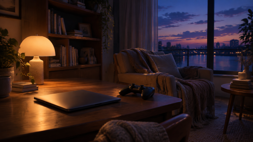 A dim living room at dusk with a closed laptop and a game controller set down on a desk, a warm cream lamp, a blanket on an armchair, and a blue-violet city sky in the window.